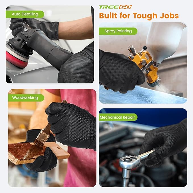 TREEGO Black Heavy Duty Rubber Gloves 10 Mil Nitrile Gloves - Raised Diamond Texture Grip for Automotive & Mechanic - Latex Free Disposable Gloves Medium, 100 Count