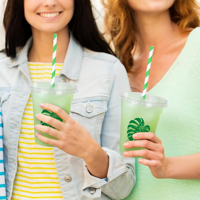Whaline 50Pcs Tropical Palm Leaf Disposable Plastic Cups with Lids and Straws 12Oz Green Monstera Cold Beverage Drinking Cup for Summer Hawaiian Luau Birthday Party Supplies