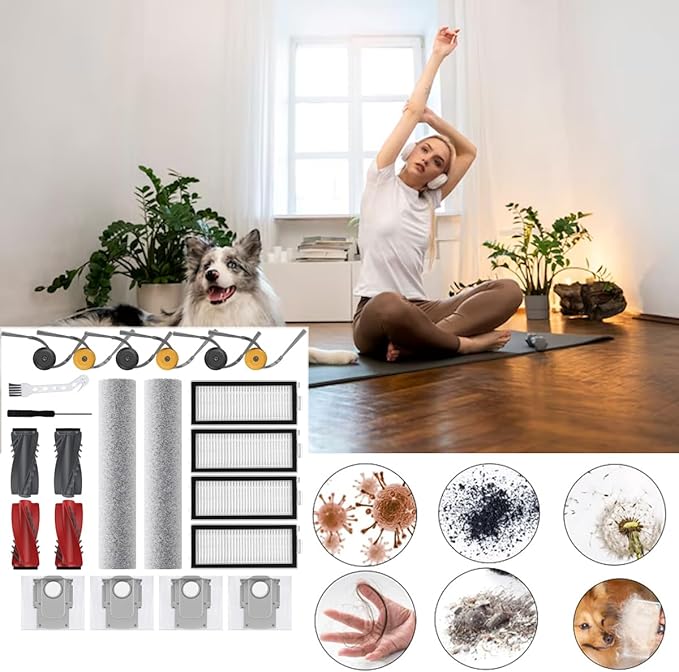 22 Pack Replacement Parts Accessories kit For Roborock Qrevo Curv 2 Flow Robot Vacuum and Mop,4 Main Brush 2 Roller Mop Cloth 4 Hepa Filter 6 Side Brush 4 Dust Bag 2 Cleaning Tool