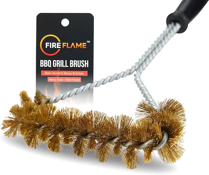 Fireflame BBQ Grill Brush – Non-Scratch Brass Bristles - 16-Inch Long Handle Barbecue Grill Cleaning Brush - Wide-Faced Spiral Heavy-Duty – Made in The USA