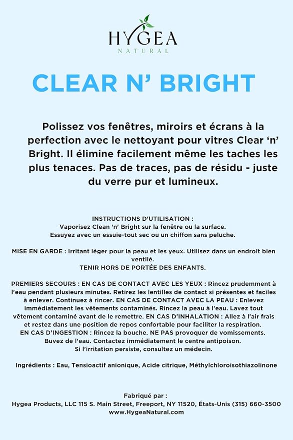 Hygea Natural Clear 'n' Bright - Non-Toxic Glass Cleaner Spray - Streak-Free & Ammonia-Free Window Cleaning - Window & Mirror Cleaning Supplies - Safe & Fast (3 Pack, 24oz Spray)