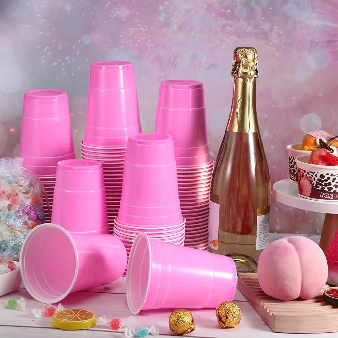 Lounsweer 100 Pcs 16 oz Disposable Party Cups Plastic Heavy Duty Drinking Water Cups for Birthday Baby Shower Wedding BBQ Picnic Party Supplies(Pink)
