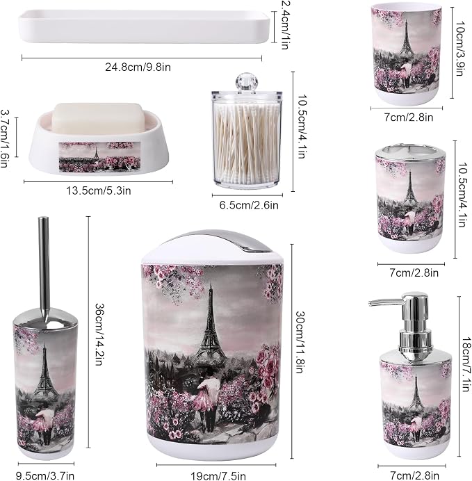 Bathroom Accessories Set Complete 9 Piece Bathroom Sets with Toothbrush Holder,Toothbrush Cup,Lotion Soap Dispenser,Soap Dish,Toilet Brush,Trash Can,Qtip Holder