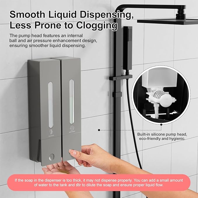Shampoo and Conditioner Dispenser 2-Chamber Wall-Mounted Shower Soap Dispenser, No-Drill Installation, 800ML Capacity, Ideal for Bathrooms and Hotels (Gun Grey)