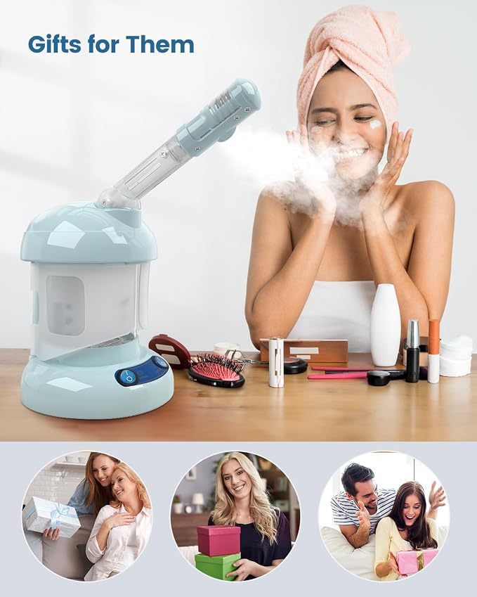 Tabletop Facial Steamer - Ozone Steamer with 360° Rotatable Arm - Professional Nano Ionic Facial Steamer for Deep Cleaning - Portable for Personal Care Use at Home or Salon, Blue