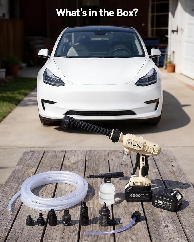 TaskStar Portable Cordless 1250PSI High Pressure Power Washer | 2X 4.0Ah Batteries, Brushless Motor, 2 Power Modes, 6-in-1 Spray Nozzle, 26FT Extended Hose for Car, Garden, Outdoor Cleaning
