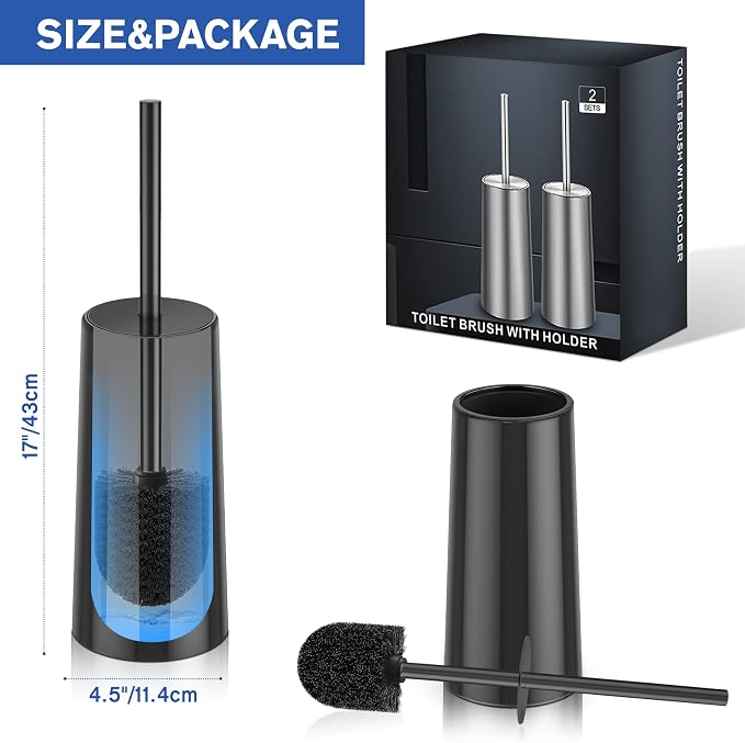 Toilet Brush and Holder, 2 Pack Toilet Brush Stainless Steel, Toilet Bowl Brush for Bathroom Toilet-Ergonomic, Elegant,Durable (Black)