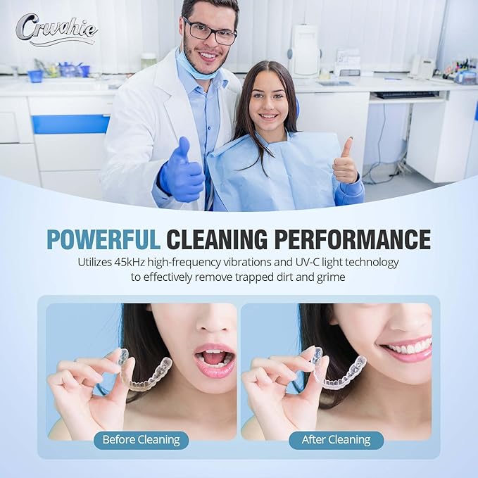 Ultrasonic Retainer Cleaner, Detachable 45kHz Retainer Cleaner Machine 3 Modes Dental Cleaning Pod with Visible Window Digital Timer for Mouth Guard, Dentures, Aligner, Braces, Jewelry - White