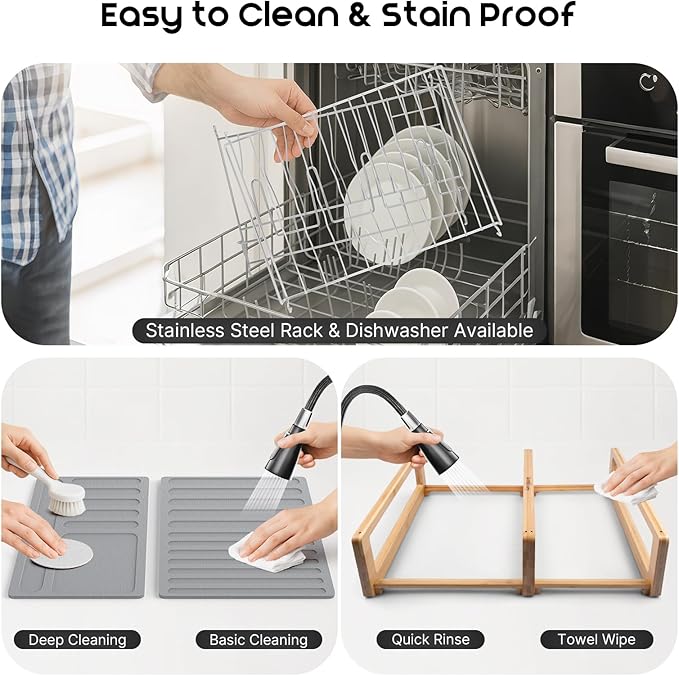 ArtyCozy Extra Large Stone Dish Drying Mat with Stainless Steel and Bamboo Rack for Kitchen Counter, Super Absorbent Diatomaceous Earth and Quick Drying Rack, 24.2" × 16.5" × 7.2"