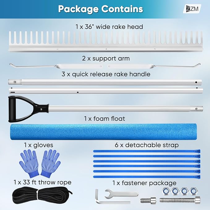 Floating Lake Rake, Leaf Collector for Gardening, 36" Aluminum Landscape Rake with Adjustable Handle, 33FT Rope & Float, Weed Algae Removal, Multifunctional Detachable Aquatic Weed Rakes