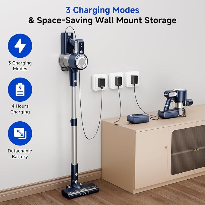 Cordless Vacuum Cleaner: 30KPA Powerful Suction Stick Vacuum, Anti-Tangle | Portable 6-in-1 Rechargeable Vacuum, Green LED Light, Ideal for Pet Hair, Low-Pile Carpets & Hard Floors-Dark Blue