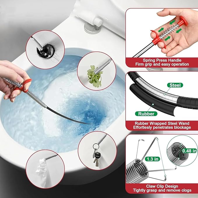 Drain Auger 25ft Clog Remover with Drill Adapter, Flexible Plumbing Snake for Kitchen, Bathroom & Shower Sinks, Hair Clog Remover, Manual or Drill Powered, Full-Set Included