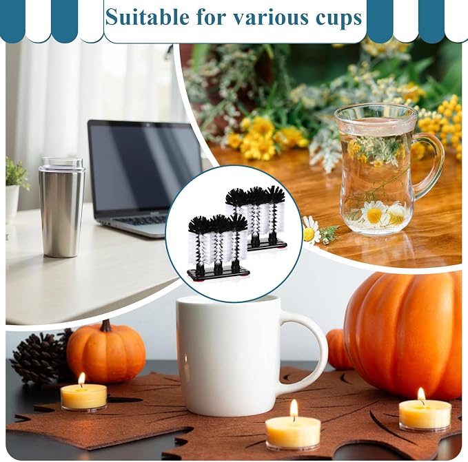 2 Pack Water Bottle Cleaning Brush with Suction Base, 3 Head Bristle Bar Glass Washer for Sink, Glass Cup Washer Brush Cleaner for Beer Cup, Long Leg Cup, Red Wine Glass Bar Kitchen Sink Tools