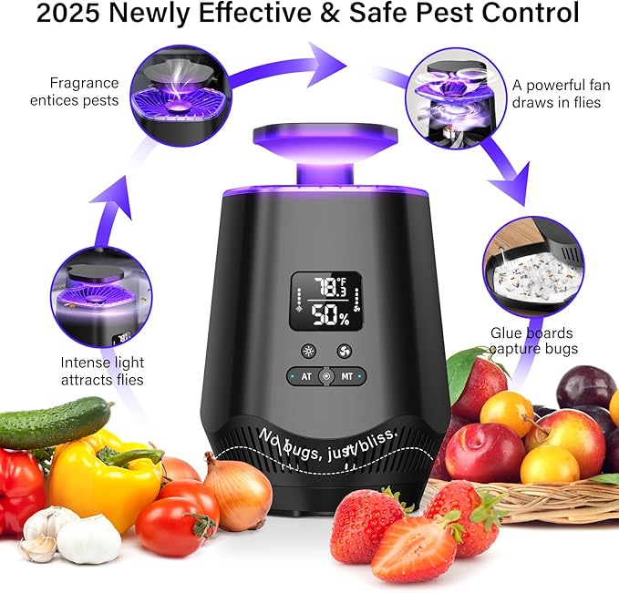 Fruit Fly Traps for Indoors, Smart Fly Trap Indoor Bug Zapper Gnat Traps for House Indoor with Temperature and Humidity Sensor, 10PCS Sticky Boards Black 01