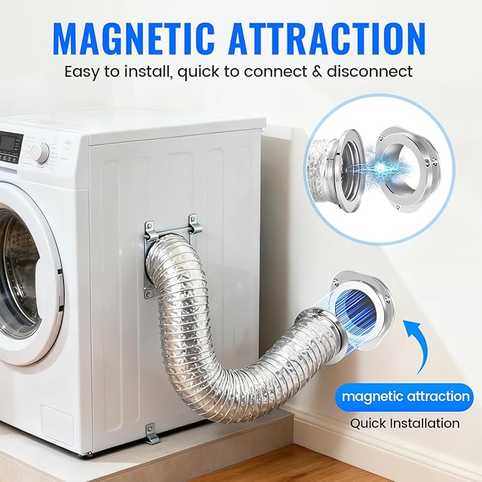 DV180 Magnetic Dryer Vent Kit, Airtight Seal Magntic Drver Vent Connector Kit, Including 6-Ply Aluminum Foil Duct and 2 Clamps, Easy to Clean Quick Connector