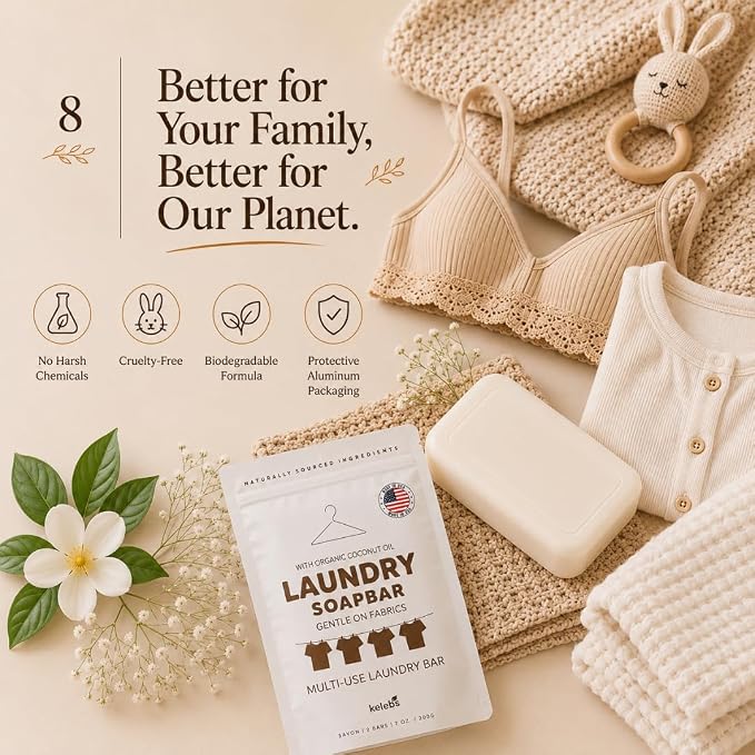 Kelebs Natural Laundry Soap Bar for Sensitive Skin with Organic Coconut - Delicate Laundry Stain Remover for Clothes, Underwear, Collar - Gentle Baby Laundry Soap | 7 Bars