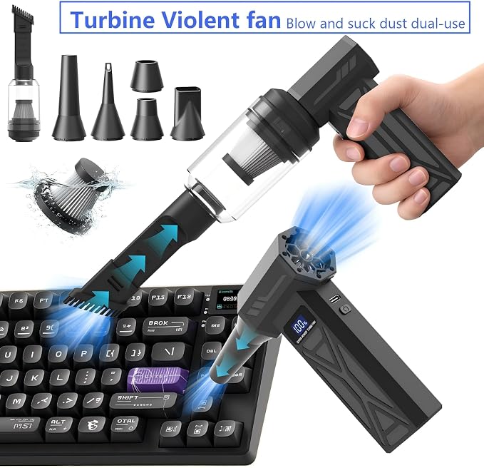 Compressed Air Duster ,2-in-1 Duster and Vacuum Cleaner, 110000RPM Super Power Electric Air Duster, 4-Gear Adjustable Mini Blower, Dust Blower for Computer, Keyboard, House, pet,Outdoor and Car