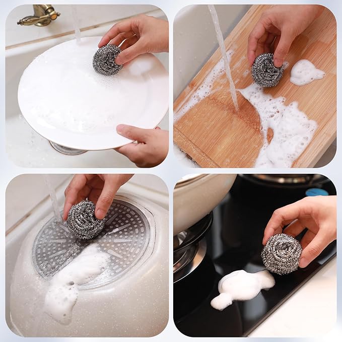 Reallnaive 60 Pcs Stainless Steel Wool Scrubber Bulk Steel Wool Sponges Pack Metal Dishwashing Wire Scouring Pads Heavy Duty Clean Dish Pot Pan and Oven for Cleaning Kitchen Bathrooms and More