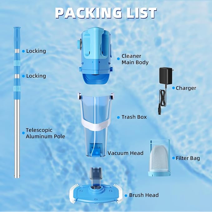Cordless Pool Vacuum, 1950 GPH Powerful Suction, Handheld Pool Cleaner with Telescopic Pole, 60 Min Runtime, 2L Large Capacity, Rechargeable for Above Ground & Inground Pools, Spas & Hot Tubs