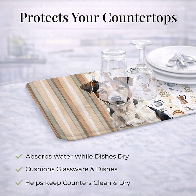 Caroline's Treasures Tricolor Russell Terrier Coffee Bar Dish Drying Mat Absorbent Dish Drying Mat Pad for Kitchen Counter Dish Drainer Mat for Countertop, 14 x 21", Multicolor