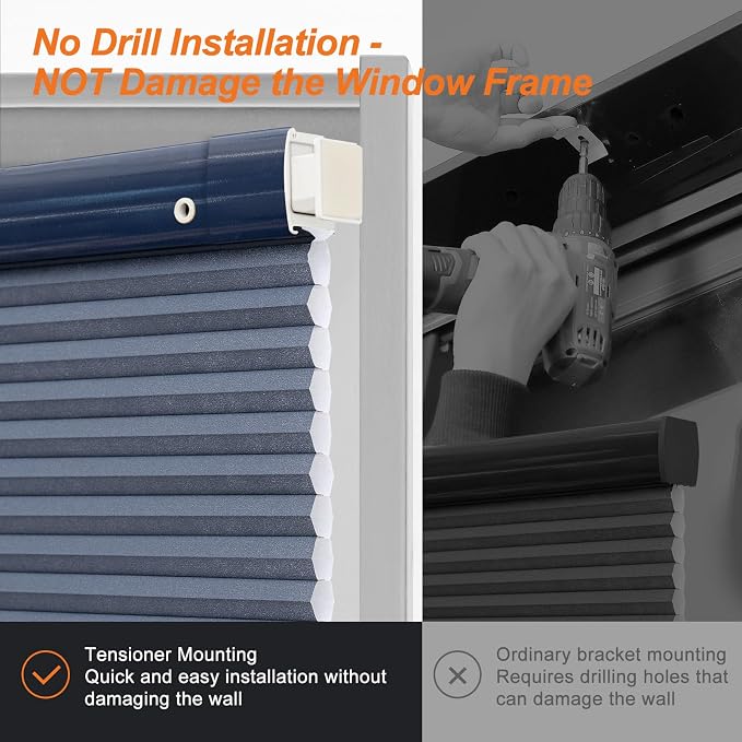 No Drill Cellular Shades, Dark Blue Custom Size Cordless Light Filtering Pull Down Pleated Honeycomb Blind Thermal Insulated Easy Install for Indoor Window Bedroom Living Room Kitchen Door