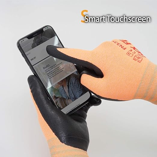 DEX FIT Nitrile Work Gloves FN330, 3 Pairs, 3D-Comfort Stretchy Fit, Firm Grip, Thin & Lightweight, Touch-Screen Compatible, Durable, Breathable & Cool, Machine Washable; Orange M (8)