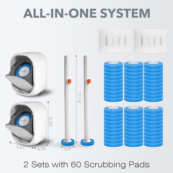 2-Pack Disposable Toilet Brush & Wand Kit, Wall-Mounted Auto-Closing Caddies with 60 Refills, Deep Cleaning System with Pre-Loaded Scrubber for Rust & Hard Water - Mess-Free Modern Design