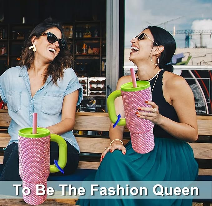 HWISDMIG 40oz Tumbler with Handle-Glitter Rhinestones Tumbler Bling Cups Stainless Steel Water Bottle Diamond Studded Tumbler for Women-Birthday Gifts for Women, Mom, Girlfriend (Fuchsia Flair)