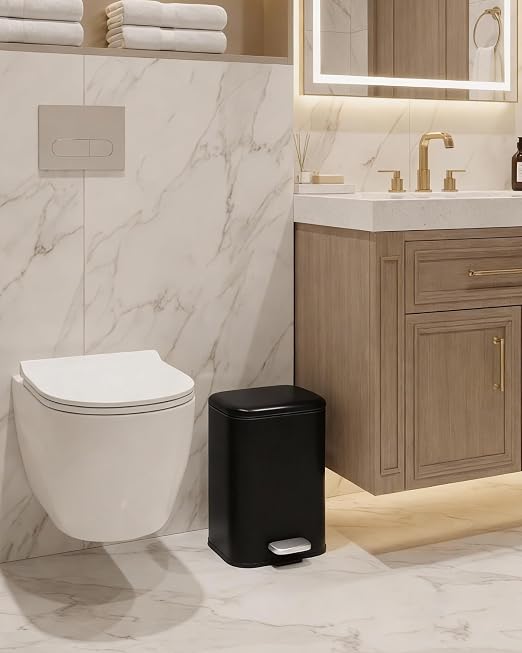 Garvee 1.3 gal Bathroom Trash Can, Step Garbage Can with Soft-Close Lid, Stainless Steel Recycling Bin with Removable Inner Bucket, Rectangular Waste Container for Living Room, Office, Black