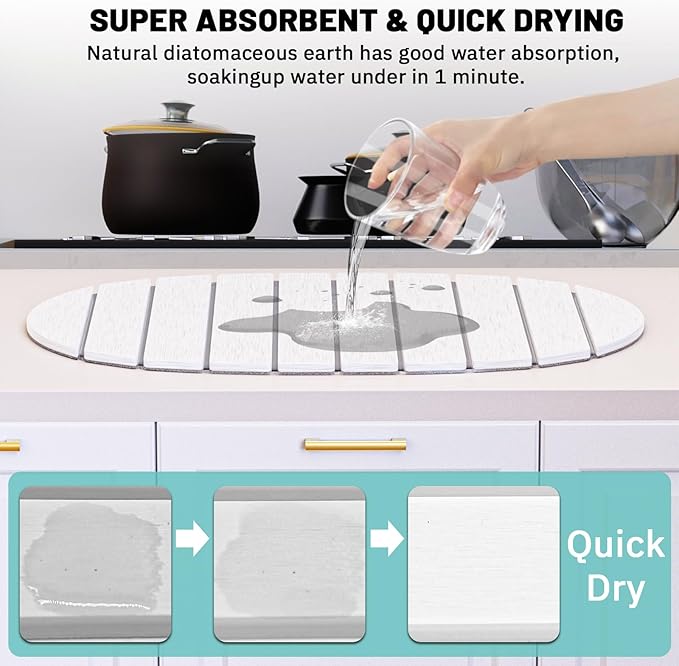Large Stone Drying Mat for Kitchen Counter, Quick Drying Foldable Dish Drying Mat, Super Absorbent Diatomaceous Earth Drying Mat for Dishes Bottles Cups, Match Any Countertop (White, 22.8"x15.4")