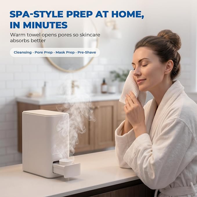 Hot Towel Dispenser for Face - Auto Hot Face Towel Machine with 20 Compressed Towels, Instant 5s Heating at 131°F Constant Temperature, Voice Prompt for Home Spa & Makeup Removal