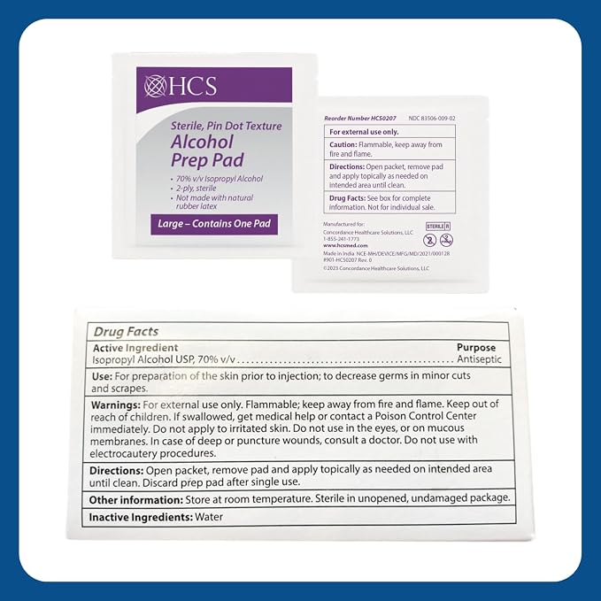 HCS Bulk Large Alcohol Prep Pads - Textured, 70% Isopropyl Alcohol Wipes, Individually Wrapped - 2 ply Sterile Skin Prep Swabs for Injections, First Aid (1000/Case)