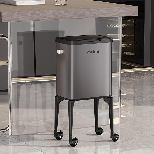 MRBIN Metal Kitchen Trash Can with Wheel Legs, 23L / 6.1gal Medium Press Lid Slim Removable Waste Basket, Pet Proof Tall Narrow Garbage Pail for Vanity, Bedroom, Bathroom, Living Room, Eclipse Grey
