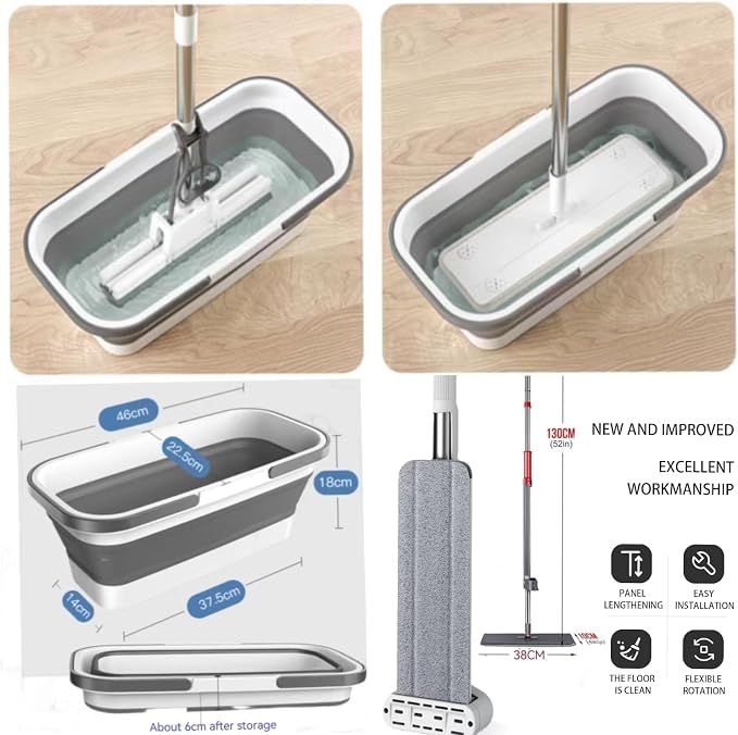 Large Flat Mop and Scalable Bucket with Wheels, 360 Rotating Microfiber Dust Mop with Dewatering Scraper, 54" Adjustable Stainless Steel (1 Mop + 6 Microfiber Pads + 1 Bucket)