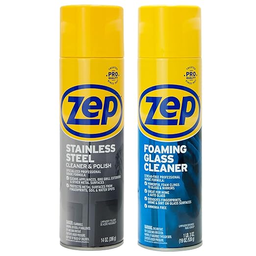 Zep Stainless Steel Cleaner & Polish 14 oz (1 Unit) and Zep Foaming Glass Cleaner 19 oz (1 Unit) - Kitchen Appliance and Glass Cleaning Kit for Stainless Steel and Windows