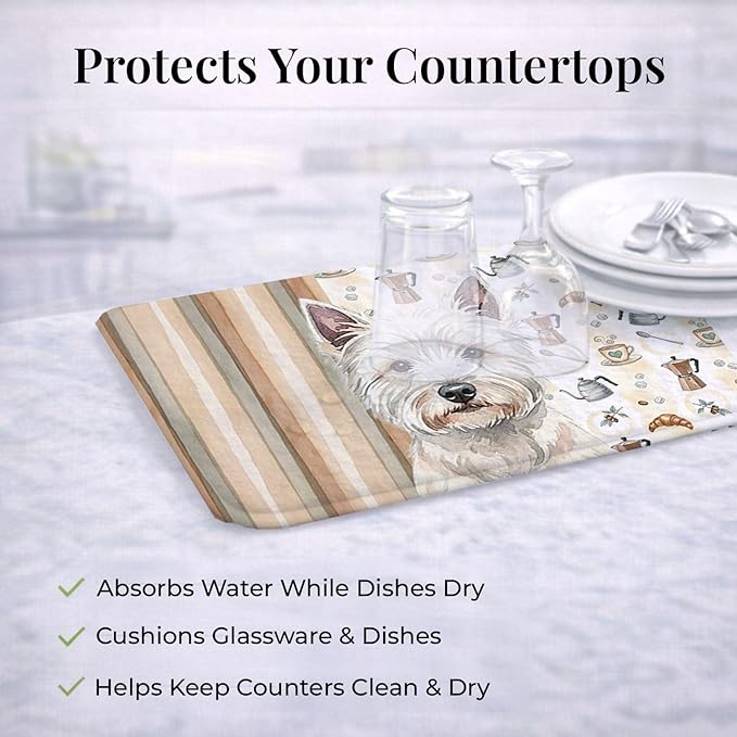 Caroline's Treasures Westie Coffee Bar Dish Drying Mat Absorbent Dish Drying Mat Pad for Kitchen Counter Dish Drainer Mat for Countertop, 14 x 21", Multicolor