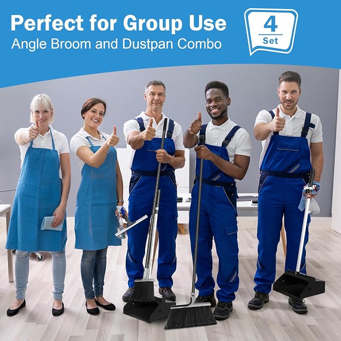 Lallisa 4 Pack Commercial Broom and Dustpan Combo Set 58'' Long Handle Upright Broom with 4-Layer Bristles Standing Dustpan Heavy Duty Lobby Dust Pan Bulk for Home Kitchen Office Indoor Outdoor Use