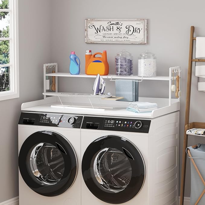 Lifewit Washer Dryer Countertop with Adjustable Shelf, Melamine Cover for The Top with Edge Rails, Towel Rack for Laundry Room Storage and Organization, Hold 200lbs, White, 54" x 27.5"