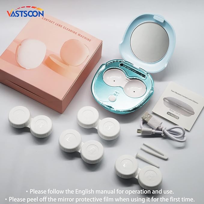 Contact Lens Cleaner, Portable Ultrasonic Contact Lens Cleaning Machine with USB Charger and Solution Soak Case Kit for Soft Lens, Colored Contact Lens, Hard Lens, RGP Lens and OK Lens (Blue)