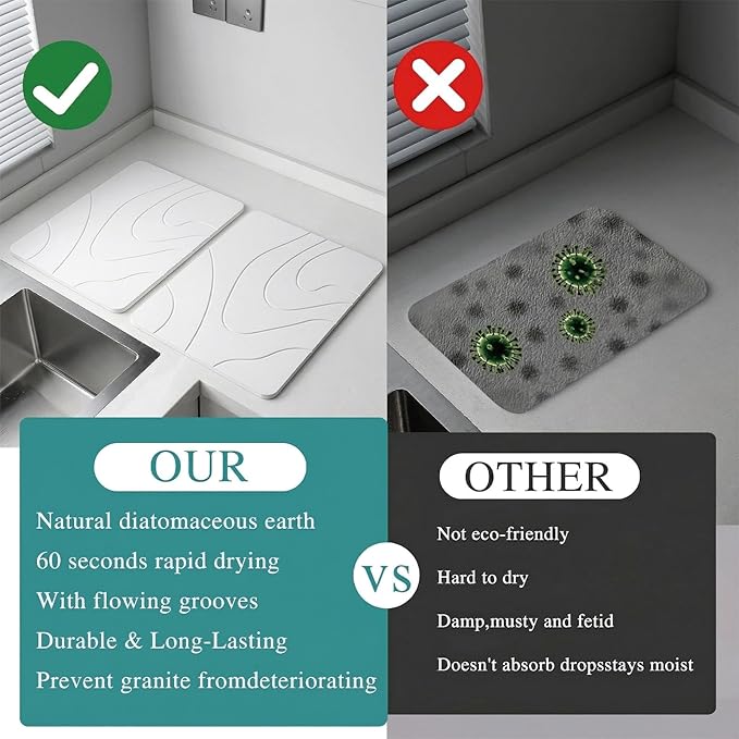2 Pack Stone Drying Mat for Kitchen Counter,16''x12'' Quick Dish Drying Stone Mat Kitchen,Stone Dish Drying Mat,Quick-Dry Absorbent Bath & Countertop Stone Dishes Mats (White, 16''x12'')