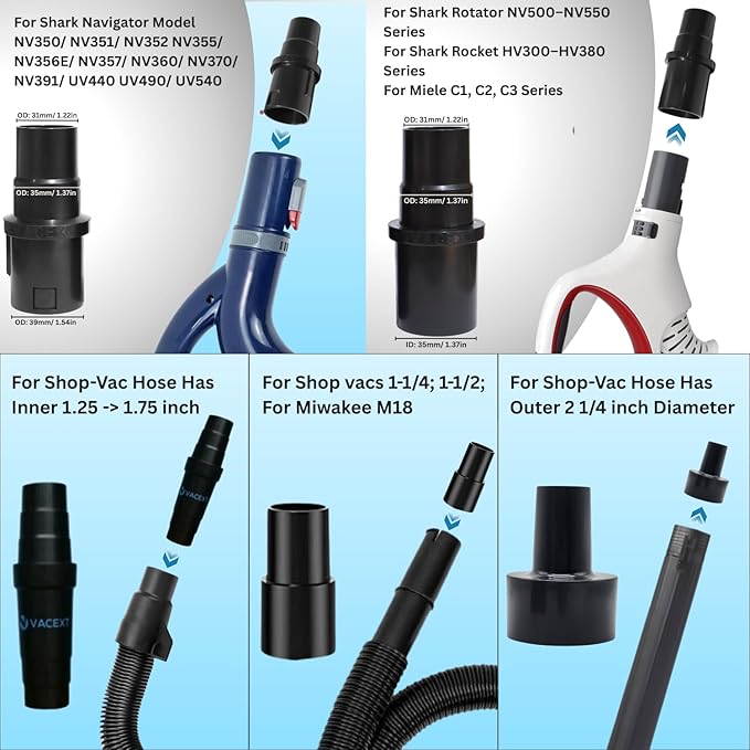 Replacement Vacuum Attachments & Brushes plus Universal Adapter Kit Compatible with Shop Vacs 2-1/4'' 1-7/8'' 1-3/8'' 1-1/4 Inch- Flexible Vacuum Crevice Attachment Tool for Shop Vac Accessories
