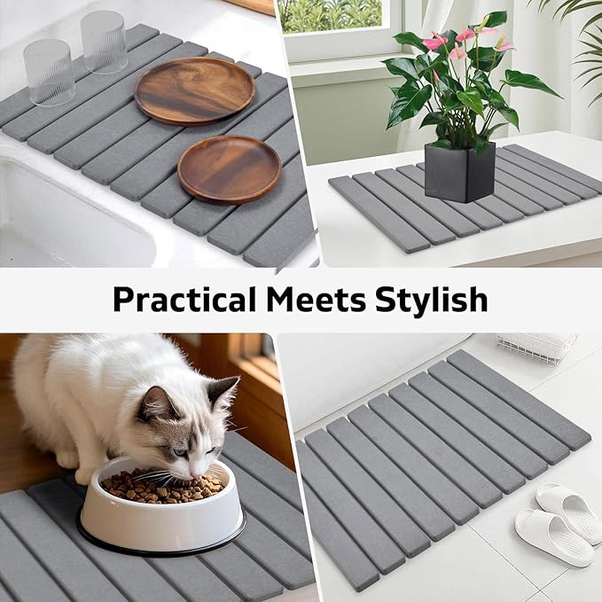 Large Stone Dish Drying Mats for Kitchen Counter, 24"(L)×16"(W) Collapsible Quick Dry Dish Drying Mat, Eco-Friendly Absorbent Diatomaceous Earth Mat for Dishes Bottles Cups, Match Any Countertop