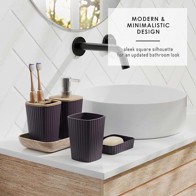Clara Clark Bathroom Accessories Set - Bathroom Set, Bathroom Accessory Set, Shower Curtain Set, Toilet Brush, Trash Can & Soap Dispenser - Purple - 20PC