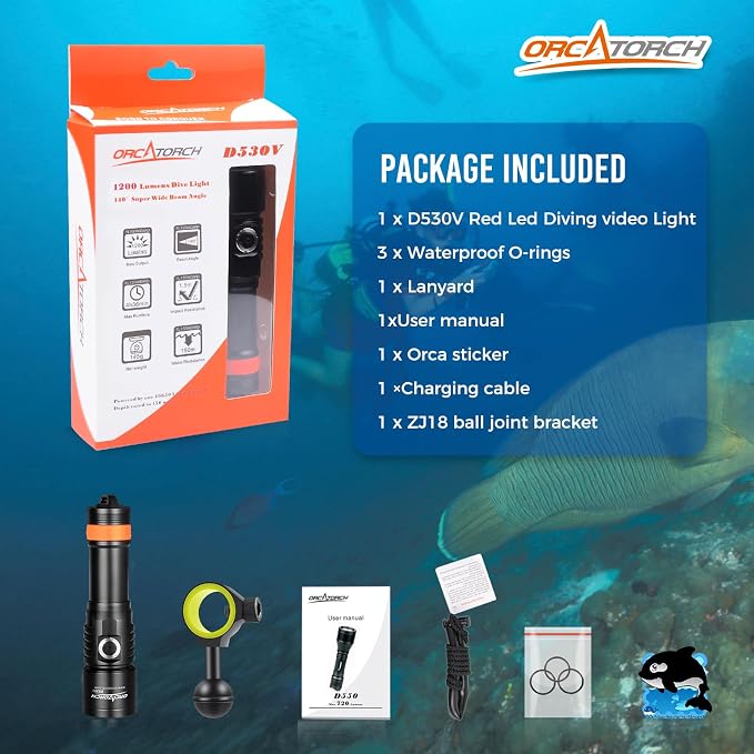 ORCATORCH D530V Red LED Dive Light 160 Lumen Scuba Diving Video Light 120 Degrees Wide Beam Angle, Underwater 150 Meters Diving Photography Light with Safety Lock Function and Battery Power Indicator