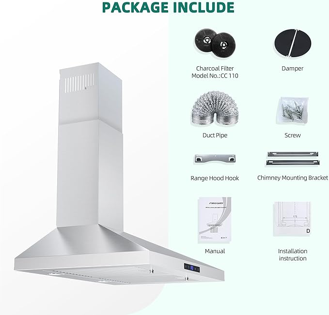 FIREGAS Range Hood 30 inch, Wall Mount Kitchen Hood in Stainless Steel With Ducted/Ductless Convertible, Stove Vent Hood with Permanent Filters, 3 Speed Exhaust Fan, LED Lights, Touch Control