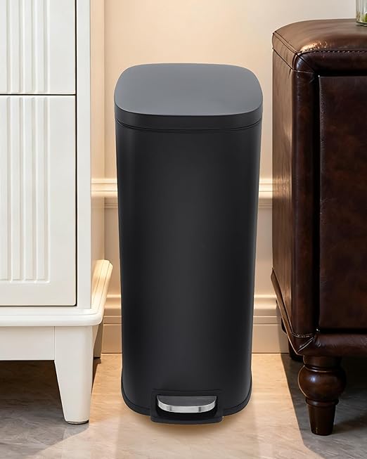 GarveeHome 13 Gal Slim Trash Can, Step Garbage Can with Soft-Close Lid, Stainless Steel Recycling Bin Waste Container with Removable Inner Bucket for Kitchen, Bathroom, Office, Black