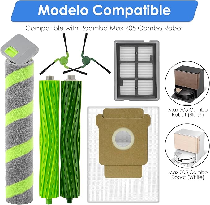(13 Pack) Max 705 Combo Replacement Parts Compatible with iRobot Max 705 Combo Robot Vacuum, 2 Roller Brushes, 1 Roller Mop, 3 HEPA Filters, 3 Dust Bags, 4 Side Brushes, Accessories Kit