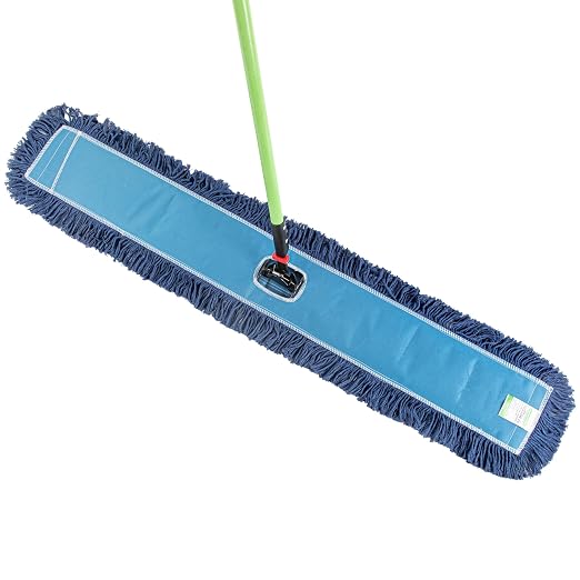 Restaurantware-Clean Tek Professional 48.03 x 5 Inch Dry Floor Mop, 1 Reusable Dust Mop - 64-Inch Handle, Secure Attachment, Blue Cotton-Poly, Machine Washable, for Cleaning Home Or Office