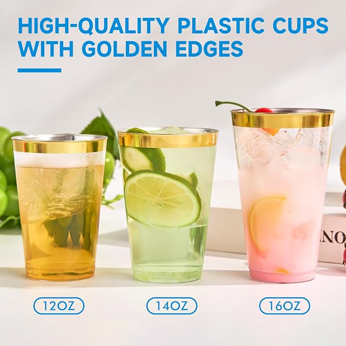 RACETOP 14 oz Disposable Plastic Cups with Gold Rim, Disposable Gold Rim Plastic Cups for Parties, Weddings, Gatherings, and Festival Events 100 Pack