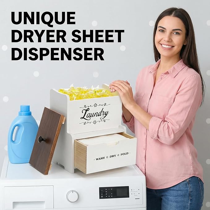 Goaste Dryer Sheet Holder with Drawer, Wood Dryer Sheet Dispenser with Lid, Farmhouse Laundry Pods Container Box, Wall Mount Fabric Softener Organizer for Laundry Room Storage and Organization